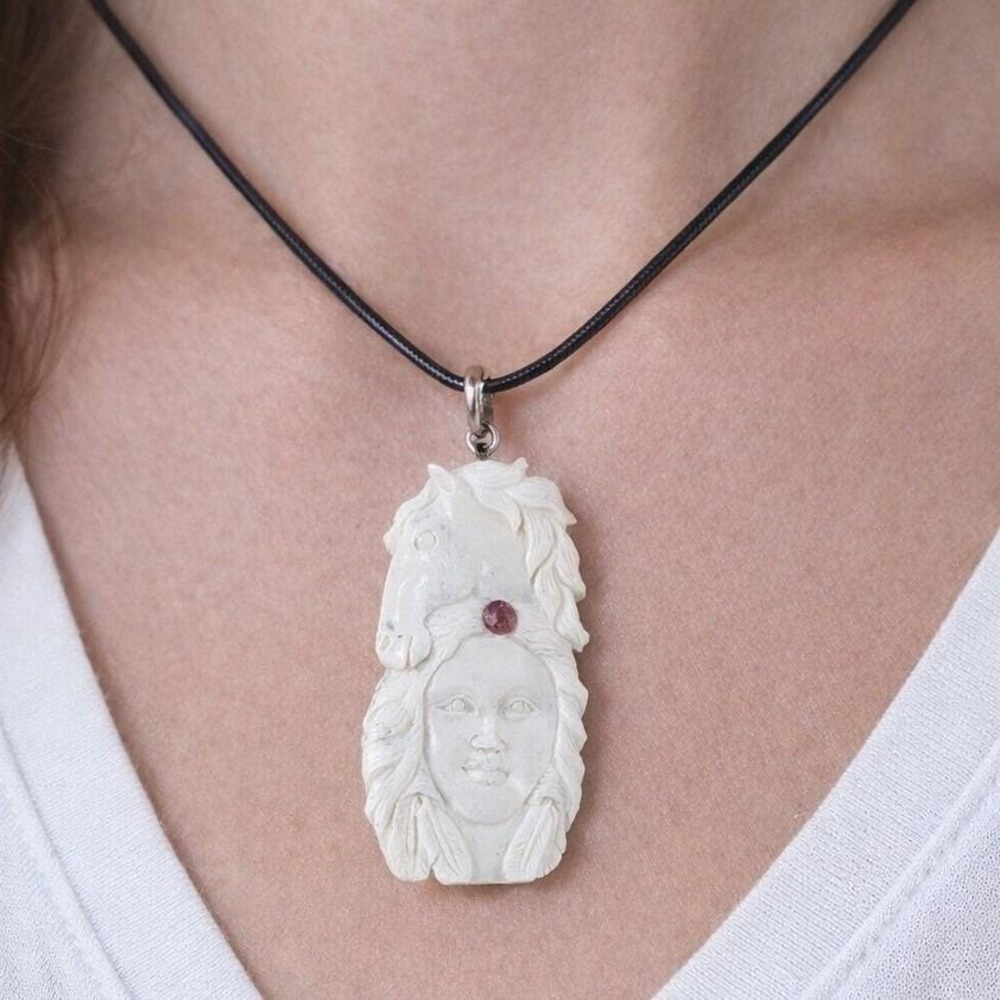 Vintage Carved Woman Horse Pendant Necklace Artisan Design